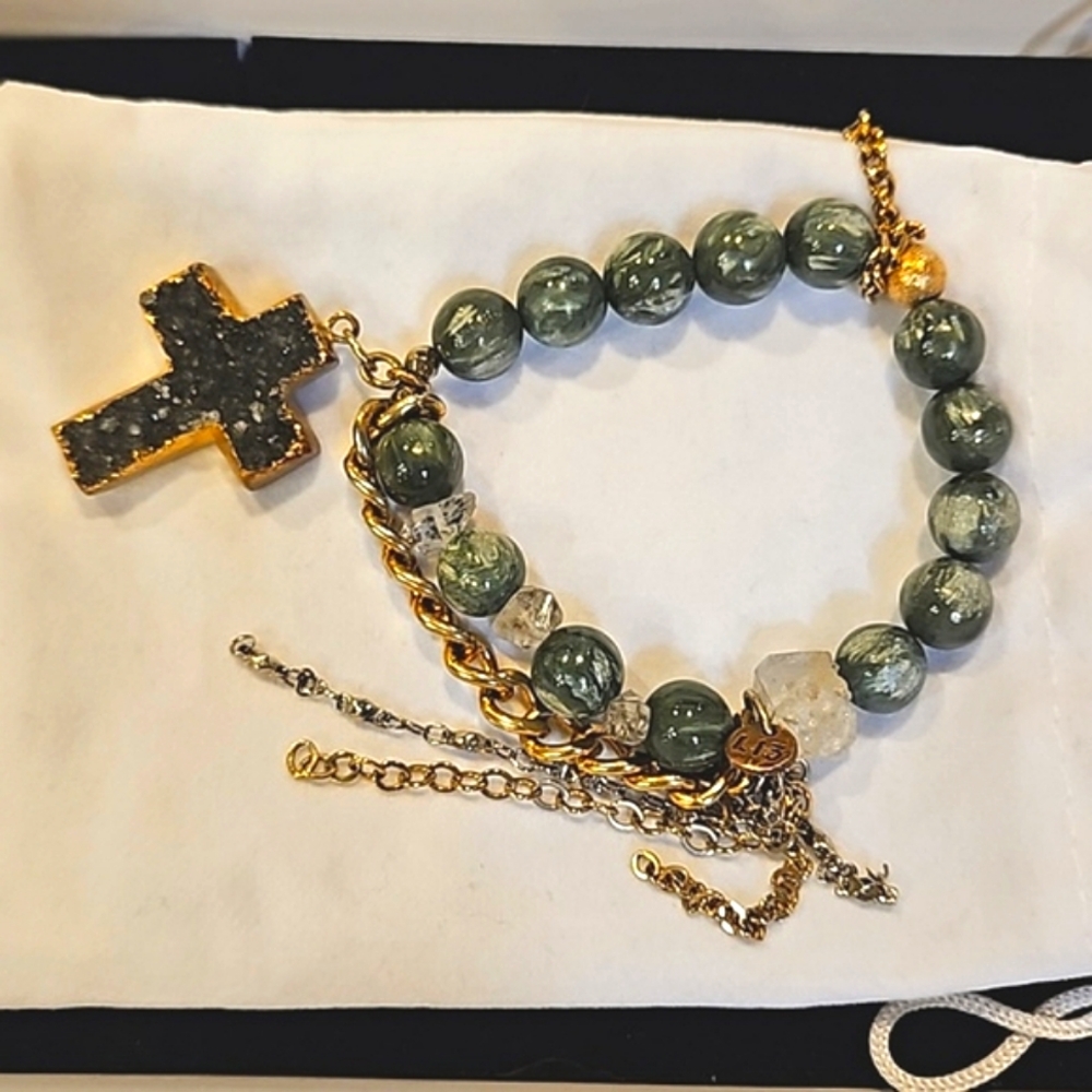 LOVEthirteen Amethyst Druzy Cross Bracelet with Seraphinite